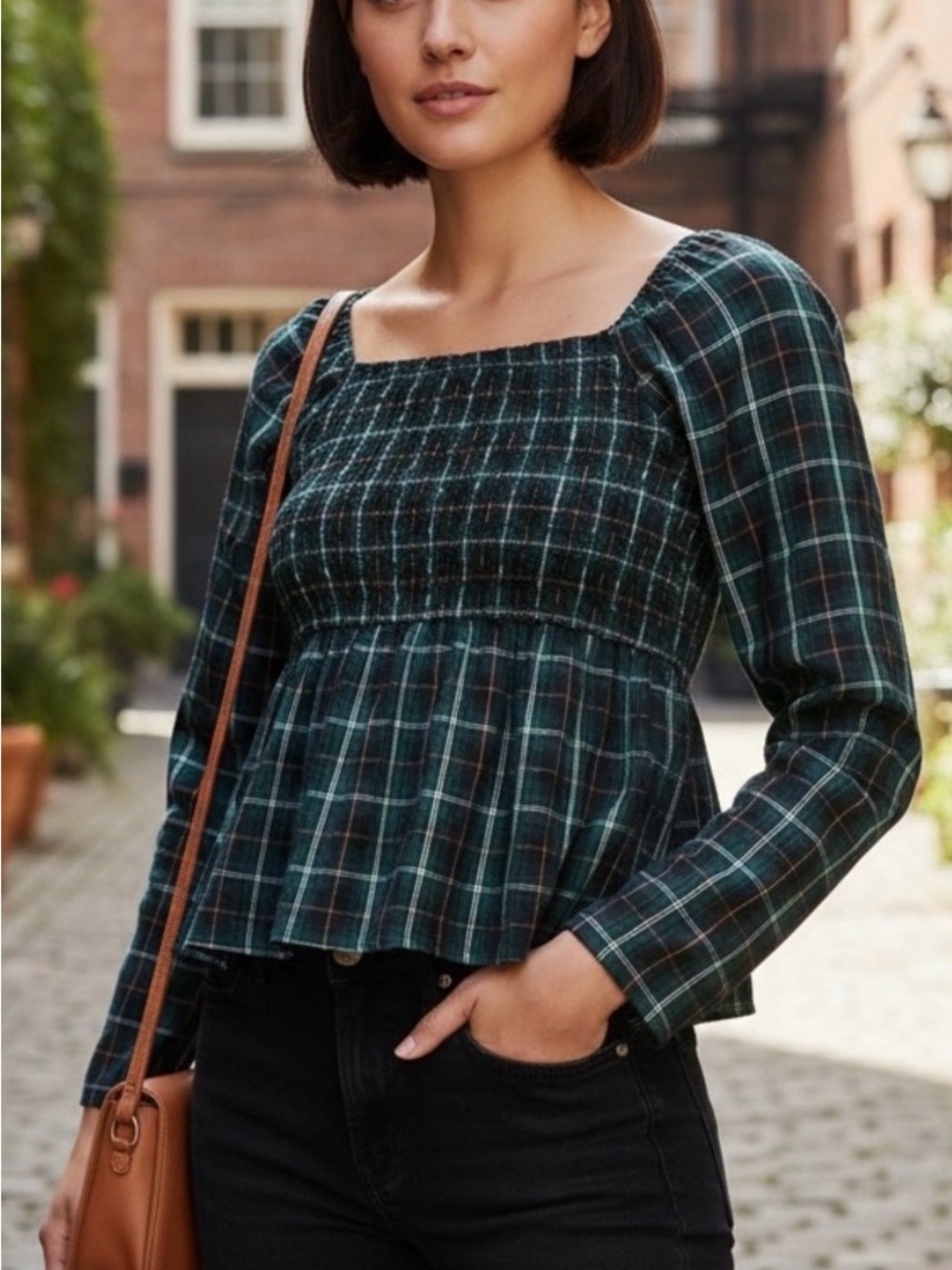 Old Navy Green Plaid Smocked Square-Neck Tunic